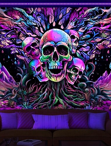  Schwarzlicht-Wandteppich, UV-reaktiv, im Dunkeln leuchtend, Glow Party Skulls, psychedelisch, trippig, nebliger Wandteppich, Wandbild für Wohnzimmer, Schlafzimmer