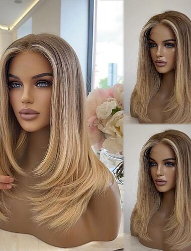  Remy Menschenhaar 13x4 Spitzenfront Perücke Bob Bubikopf Mittelteil Brasilianisches Haar Seidig gerade Blond Mehrfarbig Perücke 130% 150% Haardichte Gefärbte Haarspitzen (Ombré Hair) Strähnchen