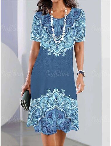  Per donna Vestito longuette Abito casual Abito a T shirt Abito estivo Abito boho Moda Informale Da mare Giornaliero Appuntamento Standard Floreale Manica corta Girocollo Blu reale Blu Azzurro cielo