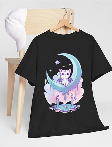  100% Algodão Infantil Para Meninas Preto Branco Desenho Animado Gato Camisa Camiseta Gola Redonda Manga Curta Ao ar livre Diário Férias Clássico Casual Imprimir Verão