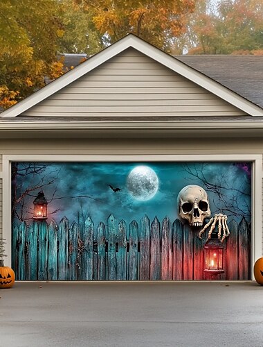  Halloween-Türdekorationen für draußen, Halloween-Garagentorabdeckung, Skelett-Friedhofsbanner, Kürbisschädel draußen, große Hintergrunddekoration für den Urlaub, Garagentor für draußen,