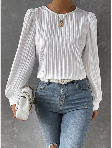  tunica da donna elegante casual tinta unita manica a lanterna manica lunga top regolari girocollo quotidiano bianco vino blu viola primavera autunno