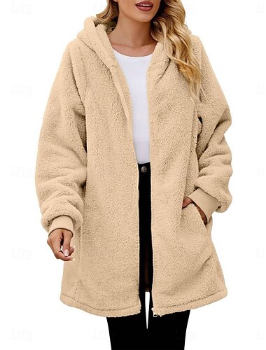  Damen Fleecejacke Teddy-Mantel Hoodie Jacke warm halten Atmungsaktiv Zip Tasche Innenfutter aus Fleece Brautkleider schlicht Farbblock Urlaub Strasse Freizeitskleidung Ausgehen Reisverschluss Lang