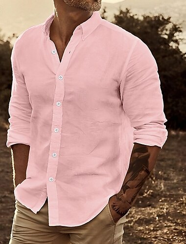  Herren Leinenhemd Sommerhemd Strandbekleidung Knopfhemd Hemden zum Herausstecken Einfach Urlaub Lässig Weiß Gelb Rosa Blau Langarm Revers Frühling & Sommer Bekleidung Fronttasche