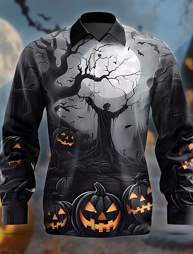  Halloween Zucca Orrore Per uomo Camicia con bottoni Manica lunga Da sera Autunno Inverno Primavera estate Colletto Stampa 3D Sottile Nero Poliestere