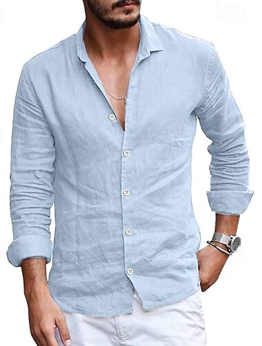  Herren leinenhemd Sommerhemd Strandbekleidung Lässiges Hemd Knopfhemd Glatt Casual Täglich Schwarz Weiß Hellhimmelblau Grau Langarm Lagerkragen Frühling Sommer Bekleidung