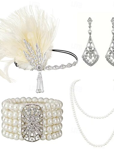  Szüret 1920-as évek A nagy Gatsby Flapper fejpánt Kiegészítő készlet Nyaklánc Fülbevaló Charleston Esküvői Vendég Toll Divat Női Álarcos mulatság Esküvői fogadás Lánybúcsú Fesztivál Felnőttek Karköt