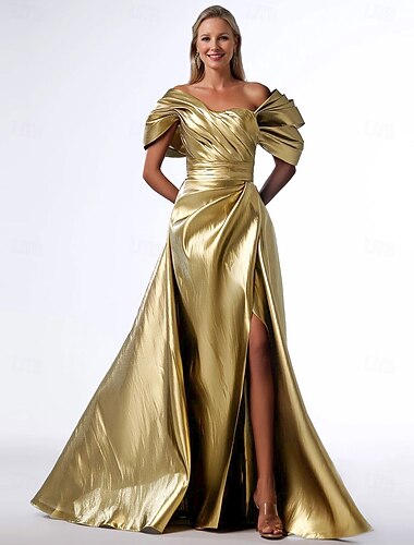  A-Linie Abendkleid Elegantes Kleid Formal Bodenlang Kurze Ärmel Quadrat-Ausschnitt Tasche Satin mit Falten 2025