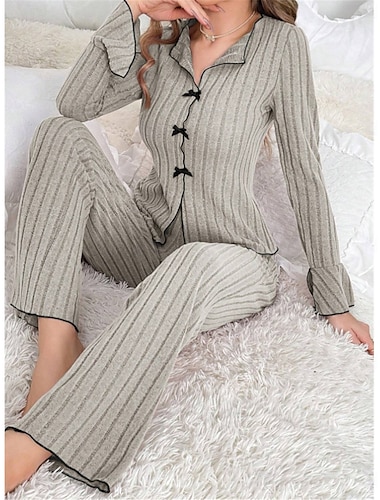  pyjamasset för kvinnor ren färg mode komfort hem daglig säng stickad andas v wire långärmad tröja byxa resår midja höst vinter hem outfits