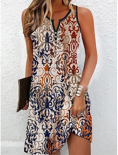  Damen Mini Kleid Petite Kleid T-Shirt Kleid Tee Kleid Sommerkleid Vintage Ethnisch Tribal Outdoor Urlaub Casual Regular Fit Floral Tribal Ärmellos Split-Ausschnitt Gelb Rot Khaki