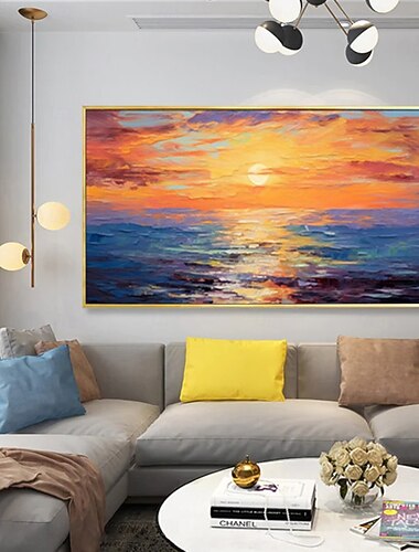  handgefertigtes Ölgemälde auf Leinwand, Wandkunst, Dekoration, abstraktes Messergemälde, Meerblick, warme Farben, für die Inneneinrichtung, gerolltes, rahmenloses, unbelastetes Gemälde