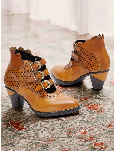  dames vintage enkellaarzen met gespriem - bruine geperforeerde hoge hakken voor oktoberfest, casual en formele kleding