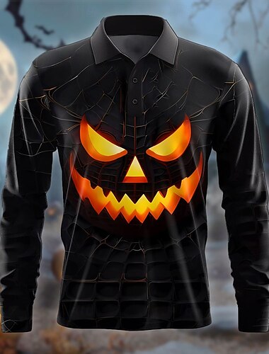  Halloween Kürbis Grimasse Grusel Herren Poloshirt Golfpolo Kurzarm Partyabend Sommer Taste 3D-Druck Kragen Schwarz Mikro-elastisch Polyester Milchfieber