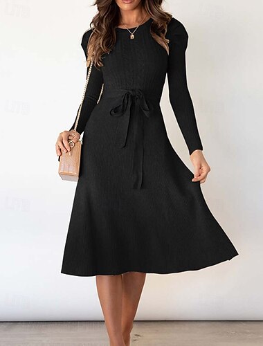  Dames Trui jurk Modieus Elegante jurk Effen Kleur Geribd Strakke ronde hals Gebreid Lange mouw Normale tops breien Werk Dagelijks Zwart Groen Herfst Winter
