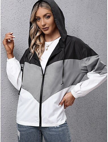  Damen Kapuzenjacke Alltagskleidung Patchwork Mehrfarbig Windundurchlässig Vintage Lockere Passform Oberbekleidung Langarm Sommer Weinrot S