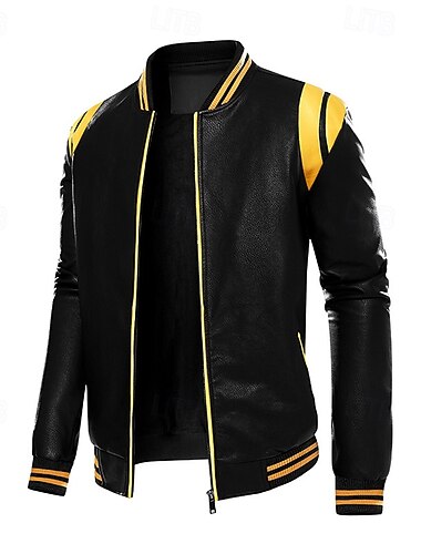 Men's Faux Leather Jacket Biker Jacket Racing Leather Jacket Motorcycle Jacket Daily Vacation Thermal Warm Patchwork Fall & Winter Color Block Fashion Classic Standing Collar Regular Faux Leather