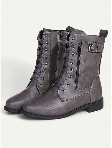  Damen Stiefel Bikerstiefel Springerstiefel Übergrössen Outdoor Täglich Stiefeletten Stiefeletten Blockabsatz Runde Zehe Vintage Spitze Kunstleder Reißverschluss Schnürsenkel Schwarz Braun Grau