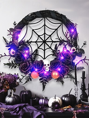 Halloweenkrans met nepschedel en kerstversieringen - griezelige paarse bloemenwijnstokdeurhanger voor spookhuis- en enge feestdecoratie
