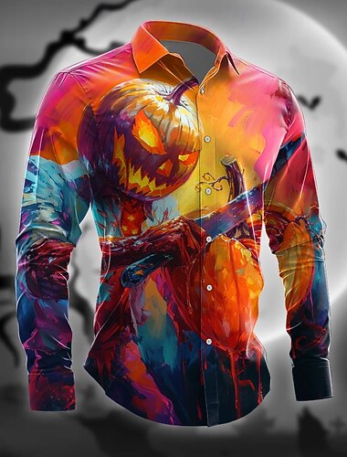  Halloween Zucca Orrore Per uomo Camicia con bottoni Manica lunga Da sera Autunno Inverno Primavera estate Colletto Stampa 3D Sottile Arancione Poliestere