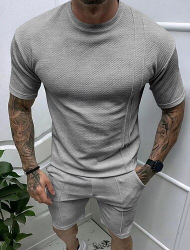  Herren Waffelhemd Zweiteilig T-Shirt Anzüge T-Shirt Kurzarm Kurze Hose Rundhalsausschnitt Frühling & Sommer Einfarbig Aktiv Mode Basic 2 teilig Urlaub Straße Ausgehen Schwarz Grau Weiß Top T-Shirt