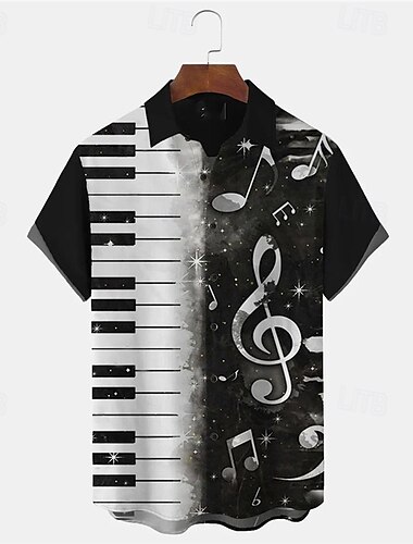 Voor heren Muziek Opmerkingen Pano-toetsen Overhemd Overhemd met knopen Korte mouw Modieus Streetwear Ontwerper Dagelijks Strand Weekend Zomer Lente Strijkijzer Afdrukken Button-omlaag Zwart