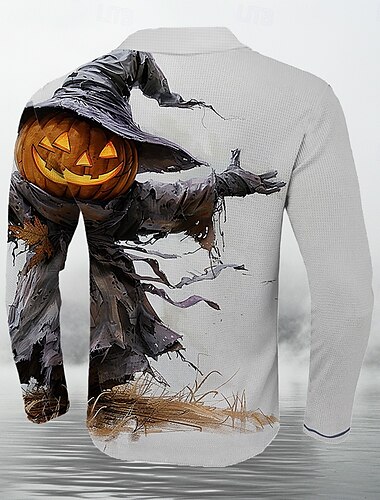  Halloween Kürbis Herren Waffel-Poloshirt Poloshirt Langarm Partyabend Urlaub Frühling Herbst Winter Taste Kragen Orange Mikro-elastisch Polyester