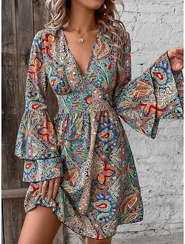  Mujer Mini vestido Vestido informal Vestido bohemio Elegante manga acampanada Vacaciones Diario Cita Holgado Graphic Manga Larga Escote en Pico Colourful Primavera Otoño