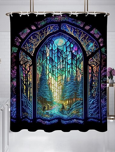  Duschvorhang mit Haken 180cm*180cm(70"*70") Polyester Waschbar Wasserdichtes Muster Badezimmer Badewanne Dekor Landschaft Wald