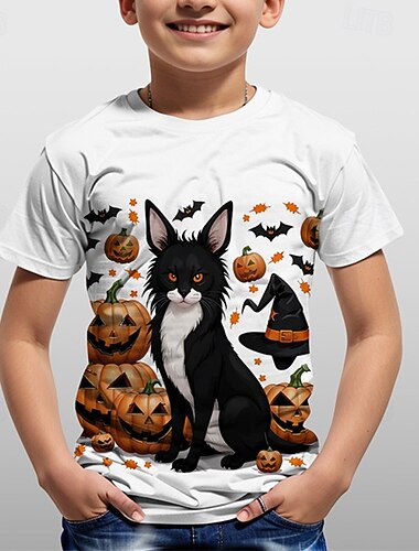  Víspera de Todos los Santos Chico 3D Graphic Gato Calabaza Camiseta Manga Corta Verano Primavera Moda Básico Poliéster Niños 4-12 años Cuello Barco Exterior Casual Diario Ajuste regular