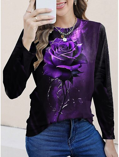  Ženská tunika T-shirt módní pohodlný tištěné dlouhý rukáv pravidelné topy kulatý výstřih každodenní černá bílá prachová růžová fialová jaro podzim