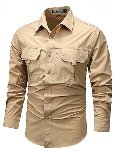  رجالي قميص قمصان العمل زر حتى القميص قميص البضائع أسود أزرق كاكي خضار العسكري البيج كم طويل سهل Lapel عطلة مناسب للعطلات جيب أمامي ملابس موضة كاجوال مريح