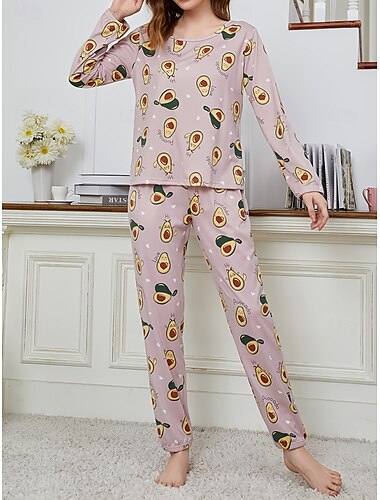  Damen-Pyjama-Sets mit Blumenmuster und Tiermotiv, modisch, bequem für zu Hause, für den Alltag, atmungsaktiv, Rundhalsausschnitt, langärmeliges T-Shirt, T-Shirt, Hose, Frühlings-/Herbst-Home-Outfits