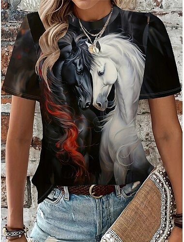  Damen T-Shirt Casual Print Kurzarm Normal Oberteile Urlaub Alltag Schwarz Sommer