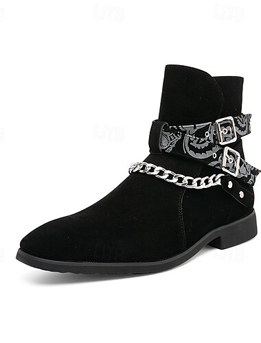  Wildlederstiefeletten für Herren mit Riemen mit Totenkopf-Print und Kettendetail – stilvolles Western-inspiriertes Design für die Freizeit und Festivals