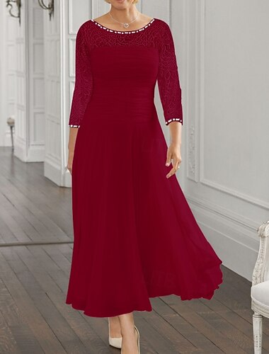  Γραμμή Α Μέχρι τον αστράγαλο Φόρεμα για πάρτυ Κοκτέιλ Φόρεμα 3/4 Μήκος Μανικιού Με Κόσμημα Κομψό Επισκέπτης γάμου Σιφόν Δαντέλα Φόρεμα Μητέρας της Νύφης με Πούλιες Πλισέ