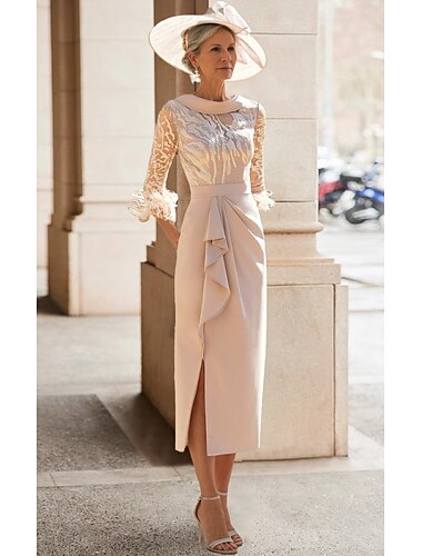  Sheath Moeder Van De Bruid Jurk Elegante Simpele Hoge Hals Theelengte Stretch Stof 3/4 Mouw Met Veer Kant Plooien 2025 gratis op maat