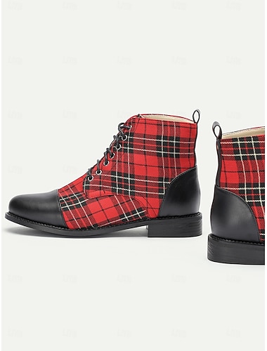  bottes de combat à carreaux tartan pour femmes avec embout en cuir noir - bottines à lacets élégantes pour une tenue décontractée et des occasions festives