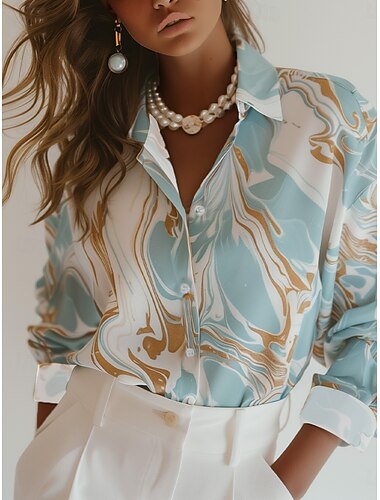  Dames Overhemd Marmeren afdrukken Elegant Zakelijk Lange mouw Overhemdkraag Normale tops Werk Afdrukken blauw Lente Herfst
