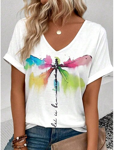  t-shirt femme décontracté imprimé manches courtes hauts réguliers col en V quotidien blanc été libellule et lettre imprimé