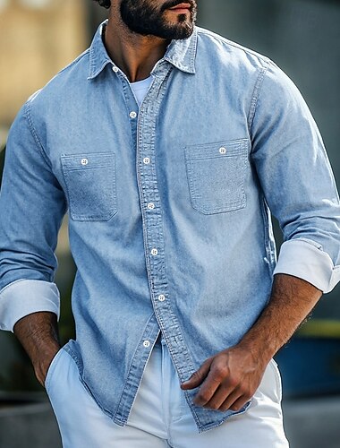  Herren Hemd Chambray-Hemd Knopfhemd Lässiges Hemd Denim Blue Schwarz Marineblau Leicht Blau Langarm Glatt Kragen Täglich Urlaub Bekleidung Modisch Brautkleider schlicht