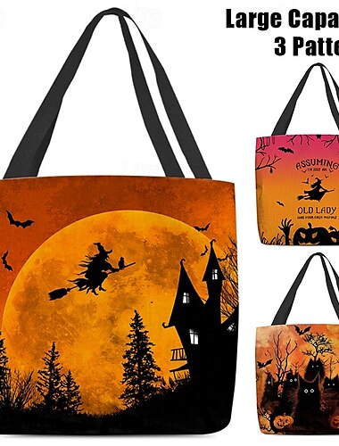  Halloween-Einkaufstasche für Damen mit Hexen- und Vollmond-Design – perfekt für Halloween und den täglichen Gebrauch