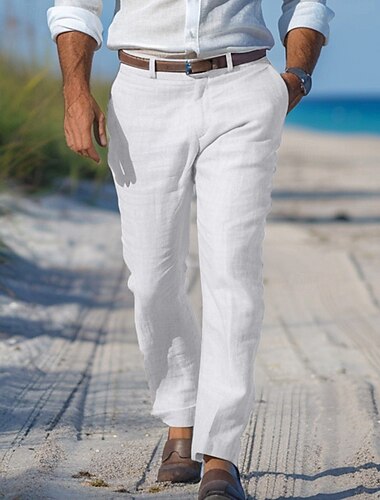  Herren Anzughosen Leinenhose Hose Hosen Sommerhosen Strandhose Gerade geschnitten Glatt Komfort Outdoor Casual Täglich Strassenmode Stilvoll Weiß Marineblau