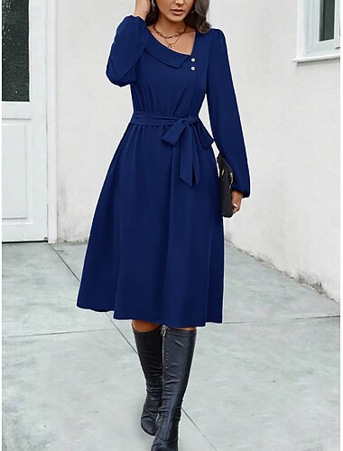  Women's Midi Dress Elegant Dark Green Long Sleeve Belted V-Neck Button Detail Work Casual A-line Flowy Versatile Autumn Spring Clothing Apparel