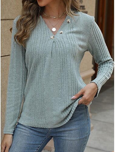  Per donna maglietta Liscio Informale Manica lunga A V Top regolari Giornaliero Bottoni Marrone chiaro Blu Verde Rosa Primavera Autunno