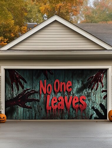  ハロウィーンのドア装飾、屋外ハロウィーンガレージドアカバー、ジャックオーランタンバナー、カボチャスケルトン墓地、屋外、休日の大きな背景装飾、屋外ガレージドア、家の壁の装飾