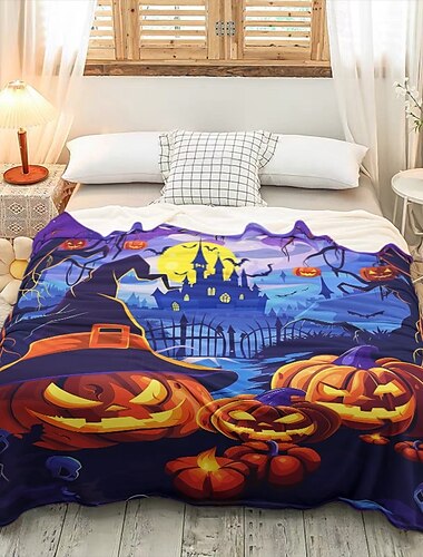  Halloween-Dekoration, Jack-o'-Lantern-Kürbis-Überwurfdecke – weicher und gemütlicher Fleece mit festlichem Kürbis-Design – perfekt als Halloween-Dekor und zum Warmhalten
