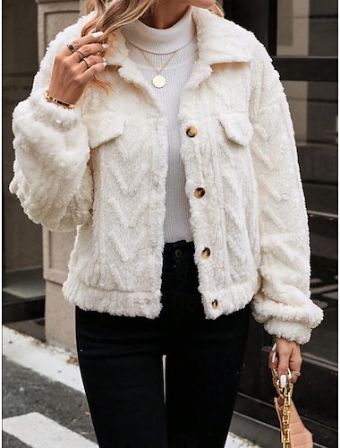  Dames Fleecejack Teddy jas Houd Warm Ademend Knop Zak Casual Effen Vakantie Straat Alledaagse kleding Uitgaan Enkele rij knopen Normaal Strijkijzer Normale pasvorm Lange mouw bovenkleding Wit Herfst