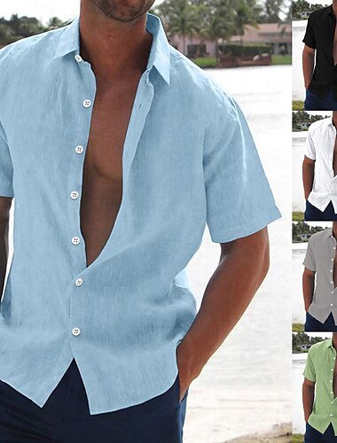  Homens camisa de linho camisa de verão Roupa de Praia camisa de botão Côr Sólida Férias Curise Preto Branco Rosa Azul Manga Curta Aberto para a Lateral Verão Roupa Botão para baixo