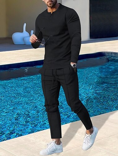  Herren Glatt Einfache Sweatshirts Sweatshirt Pullover Trainingsanzug Jogginganzug Langarm Sweatshirt Henley Strassenmode Basic Brautkleider schlicht Sport & Natur Täglich Festtage 2 teilig Frühling