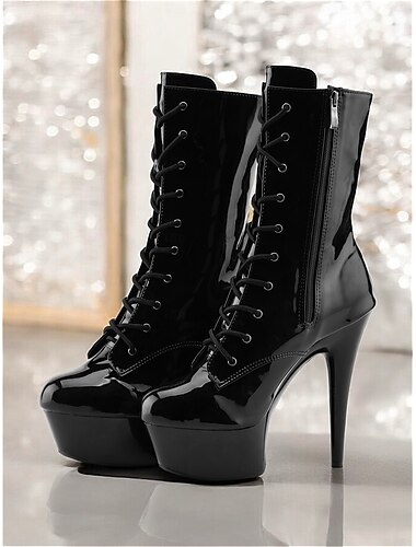  Botas femininas sensuais de salto alto, plataforma de couro sintético envernizado, pretas, com cadarço e zíper lateral, ideais para saídas à noite e baladas